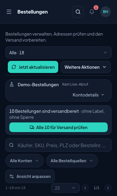 Shipnovo-Bestellübersicht mit synthetischen eBay-Bestellungen und Statusfiltern