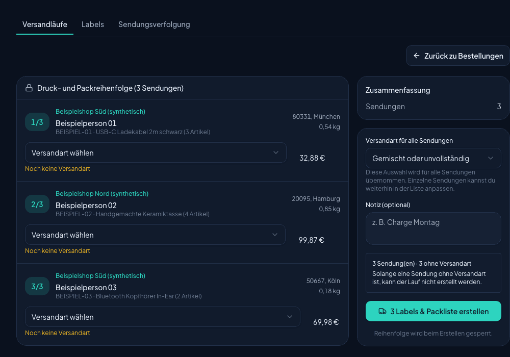 Shipnovo-Versandlaufvorschau mit synthetischen Artikeln, Mengen und Packnummern