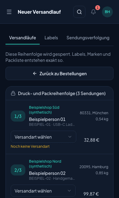 Shipnovo-Versandlaufvorschau mit synthetischen Artikeln, Mengen und Packnummern